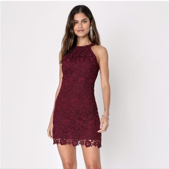 Lulu's Burgundy Love Poem Halter Lace Mini Dress size M - Picture 1 of 7